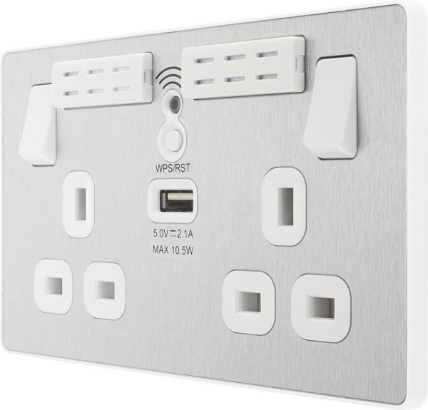 British General Evolve 13A 2-Gang SP Switched Wi-Fi Extender Socket + 2.1A 10.5W 1-Outlet Type A USB Charger Brushed Steel with White Inserts