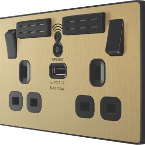 British General Evolve 13A 2-Gang SP Switched Wi-Fi Extender Socket + 2.1A 10.5W 1-Outlet Type A USB Charger Satin Brass with Black Inserts