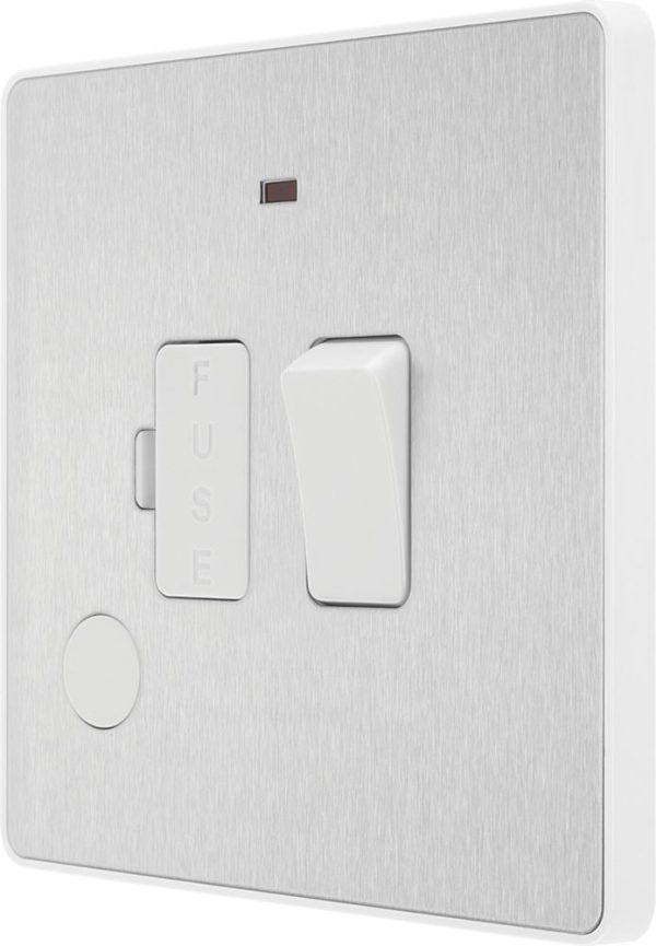 British General Evolve 13A Switched Fused Spur with LED Brushed Steel with White Inserts