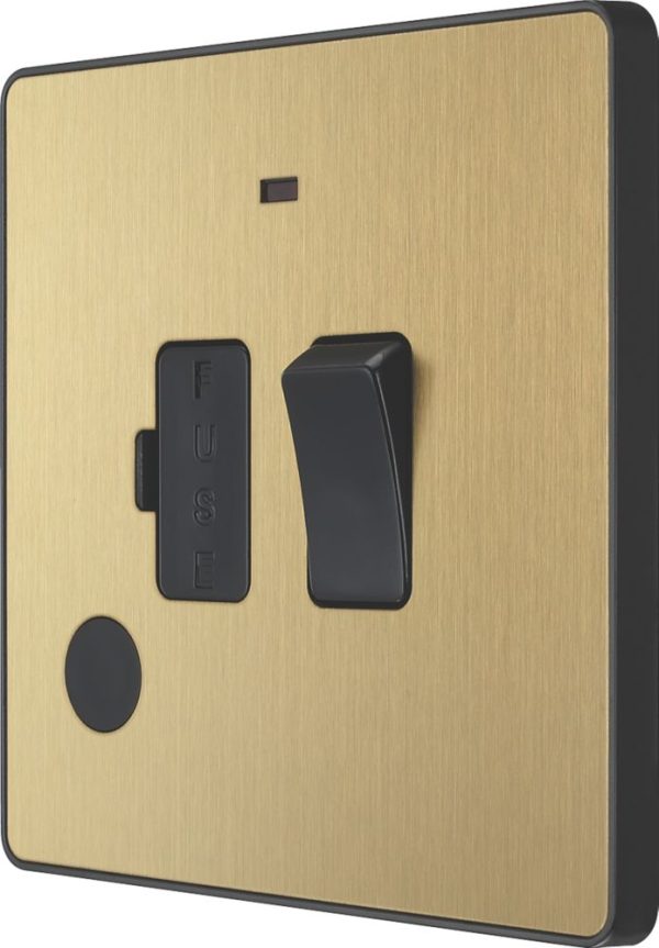 British General Evolve 13A Switched Fused Spur with LED Satin Brass with Black Inserts
