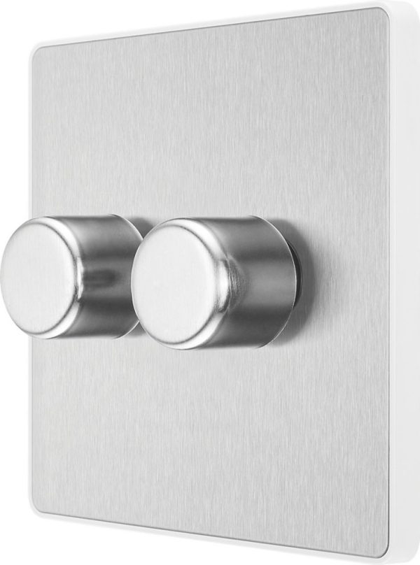 British General Evolve 2-Gang 2-Way LED Dimmer Switch  Brushed Steel with White Inserts