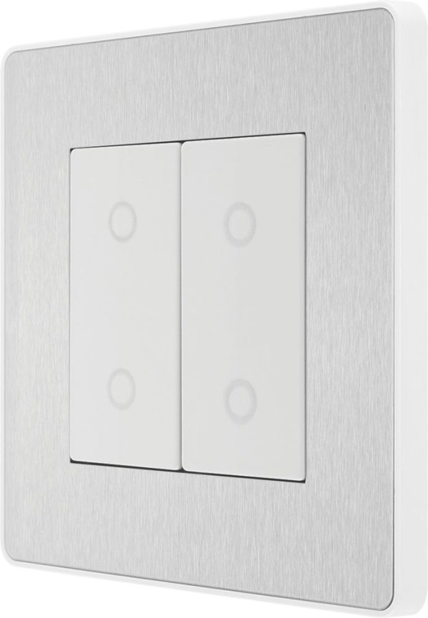 British General Evolve 2-Gang 2-Way LED Double Secondary Touch Trailing Edge Dimmer Switch  Brushed Steel with White Inserts