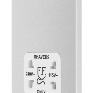 British General Evolve 2-Gang Dual Voltage Shaver Socket 115/240V Brushed Steel with White Inserts