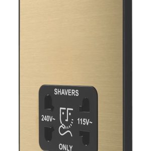 British General Evolve 2-Gang Dual Voltage Shaver Socket 115/240V Satin Brass with Black Inserts