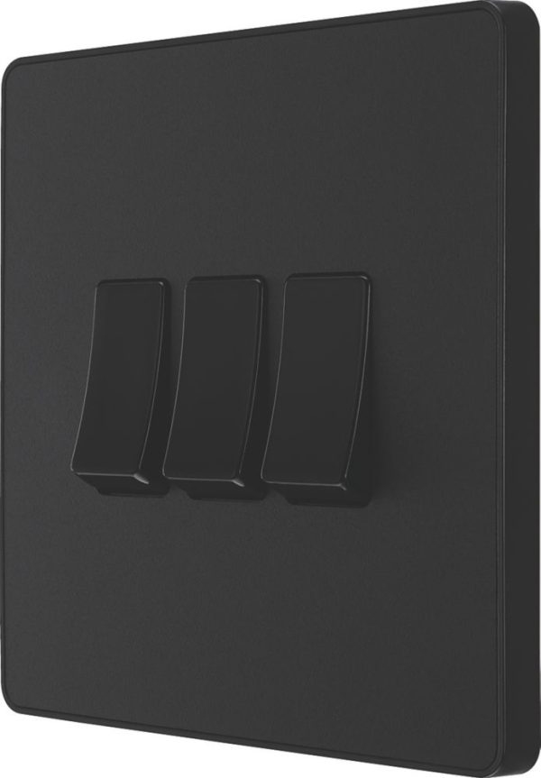 British General Evolve 20 A  16AX 3-Gang 2-Way Light Switch  Matt Black with Black Inserts
