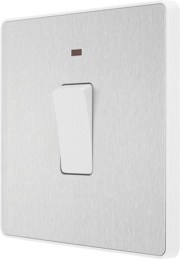 British General Evolve 20A 1-Gang DP Control Switch Brushed Steel with LED with White Inserts