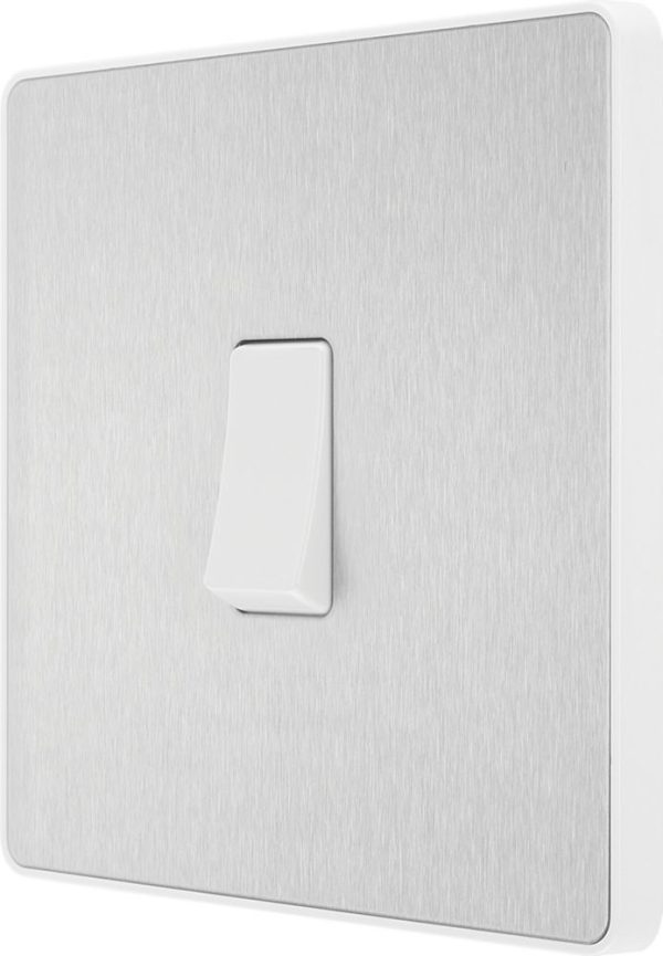 British General Evolve 20A 16AX 1-Gang 2-Way Light Switch  Brushed Steel with White Inserts
