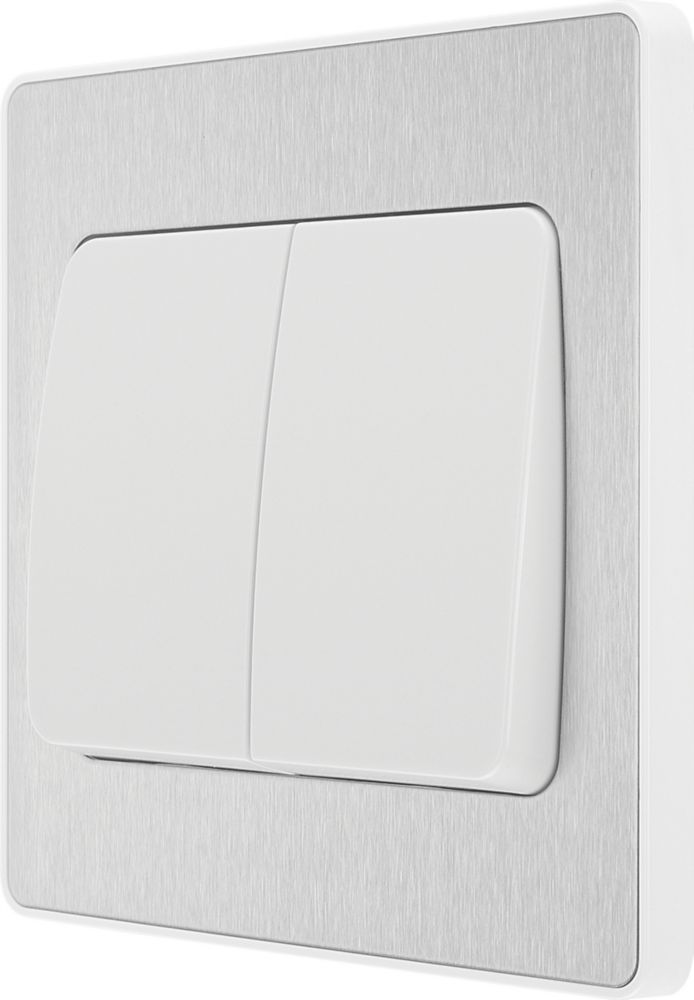 British General Evolve 20A 16AX 2-Gang 2-Way Wide Rocker Light Switch Brushed Steel with White Inserts