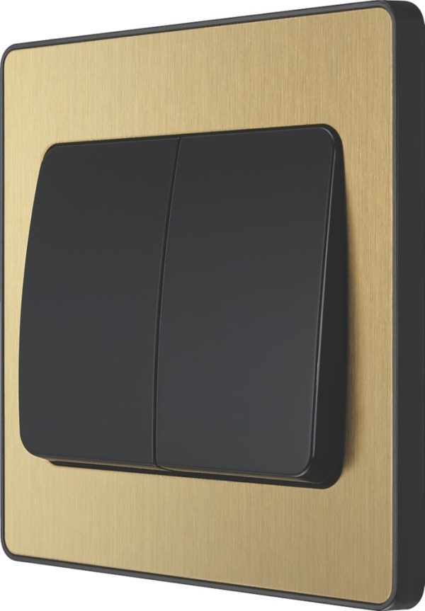 British General Evolve 20A 16AX 2-Gang 2-Way Wide Rocker Light Switch  Satin Brass with Black Inserts