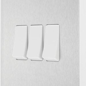 British General Evolve 20A 16AX 3-Gang 2-Way Light Switch  Brushed Steel with White Inserts