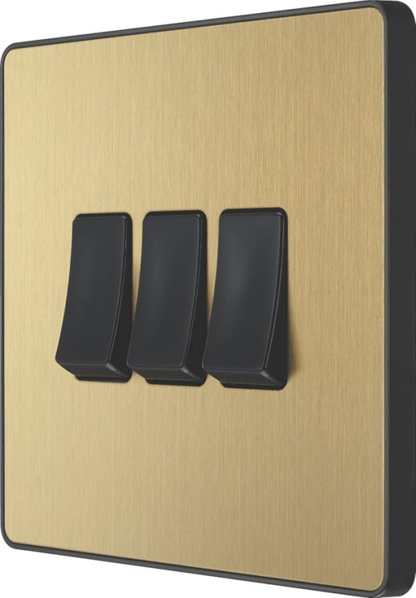 British General Evolve 20A 16AX 3-Gang 2-Way Light Switch  Satin Brass with Black Inserts