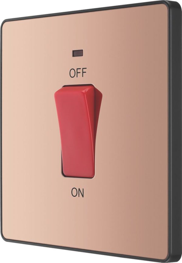British General Evolve 45A 1-Gang 2-Pole Cooker Switch Copper with LED with Black Inserts
