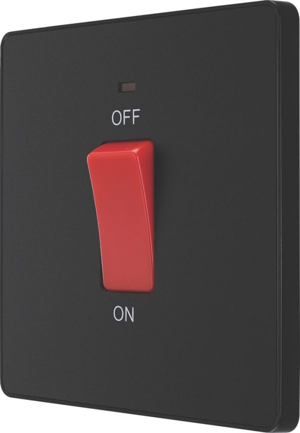 British General Evolve 45A 1-Gang 2-Pole Cooker Switch Matt Black with LED with Black Inserts