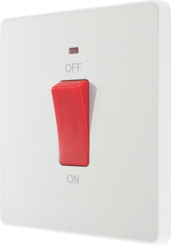 British General Evolve 45A 1-Gang 2-Pole Cooker Switch Pearlescent White with LED with White Inserts