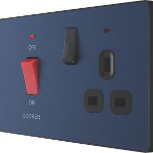 British General Evolve 45A 2-Gang 2-Pole Cooker Switch & 13A DP Switched Socket Blue with LED with Black Inserts