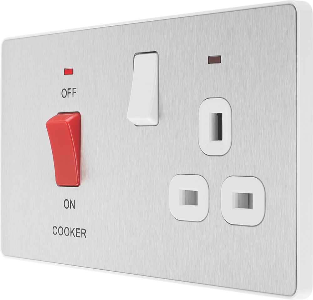 British General Evolve 45A 2-Gang 2-Pole Cooker Switch & 13A DP Switched Socket Brushed Steel with LED with White Inserts