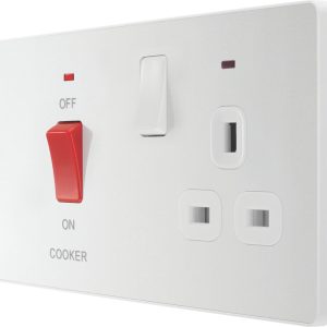 British General Evolve 45A 2-Gang 2-Pole Cooker Switch & 13A DP Switched Socket Pearlescent White with LED with White Inserts