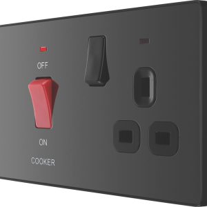 British General Evolve 45A 2-Gang 2-Pole Cooker Switch & 13A DP Switched Socket Polished Black with LED with Black Inserts