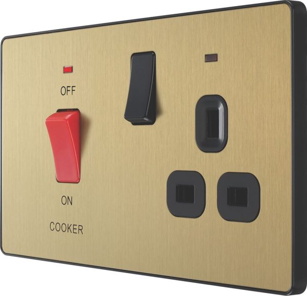British General Evolve 45A 2-Gang 2-Pole Cooker Switch & 13A DP Switched Socket Satin Brass with LED with Black Inserts