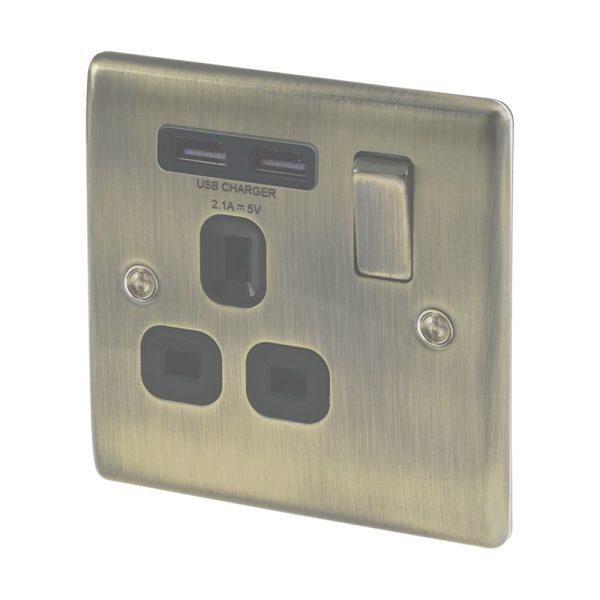 British General Nexus Metal 13A 1-Gang SP Switched Socket + 2.1A 10.5W 2-Outlet Type A USB Charger Antique Brass with Black Inserts