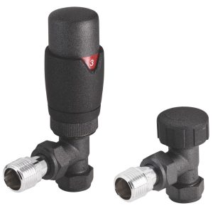 Cassellie Danva 15mm x 1/2" Anthracite Angled & L/S Modern Thermostatic Radiator Valve & Lockshield