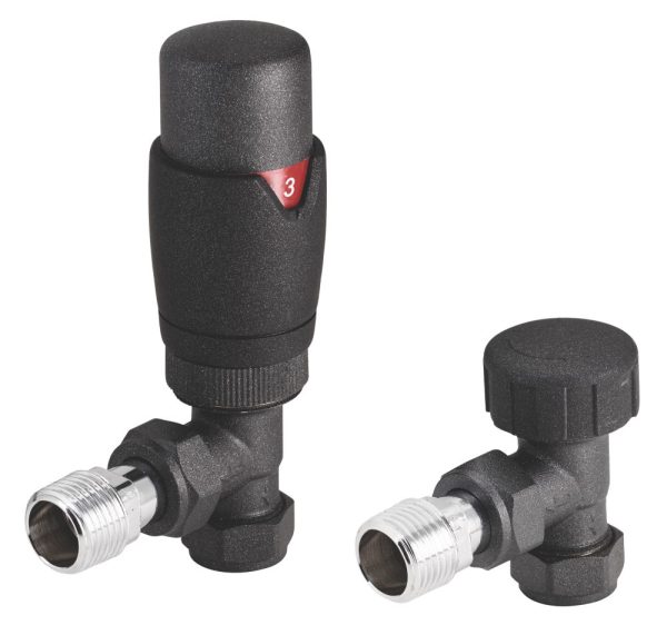 Cassellie Danva 15mm x 1/2" Anthracite Angled & L/S Modern Thermostatic Radiator Valve & Lockshield