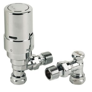 Danfoss RAS-D² 10/15mm x 1/2" Chrome Angled & L/S Modern Thermostatic Radiator Valve & Lockshield
