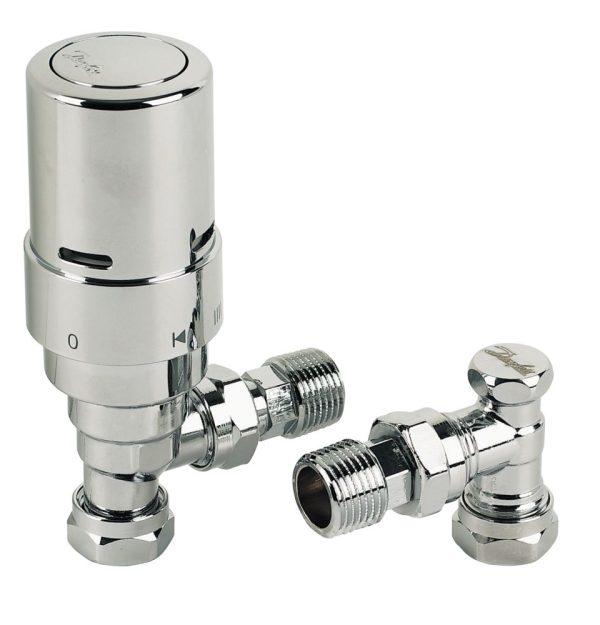Danfoss RAS-D² 10/15mm x 1/2" Chrome Angled & L/S Modern Thermostatic Radiator Valve & Lockshield
