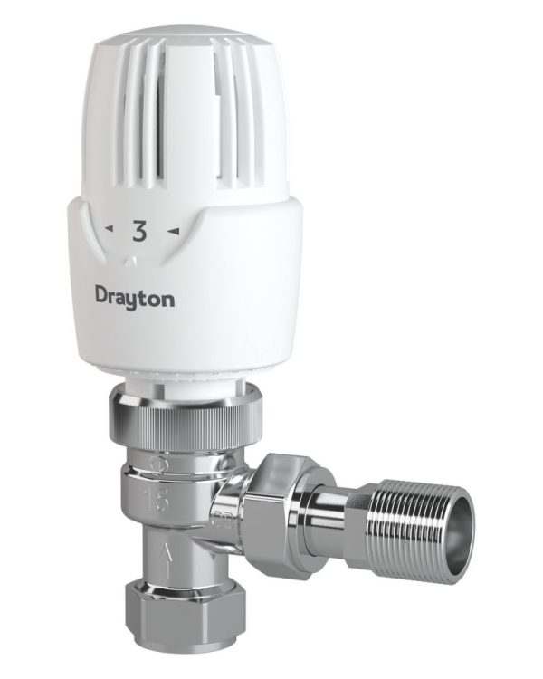 Drayton RT414 15mm x 1/2" White Angled  Thermostatic Radiator Valve & Lockshield