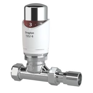 Drayton TRV4 15mm x 1/2" White/Chrome Straight  Thermostatic Radiator Valve & Lockshield