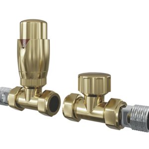 ETAL Danva 15mm x 1/2" Brushed Brass Straight Modern Thermostatic Radiator Valve & Lockshield