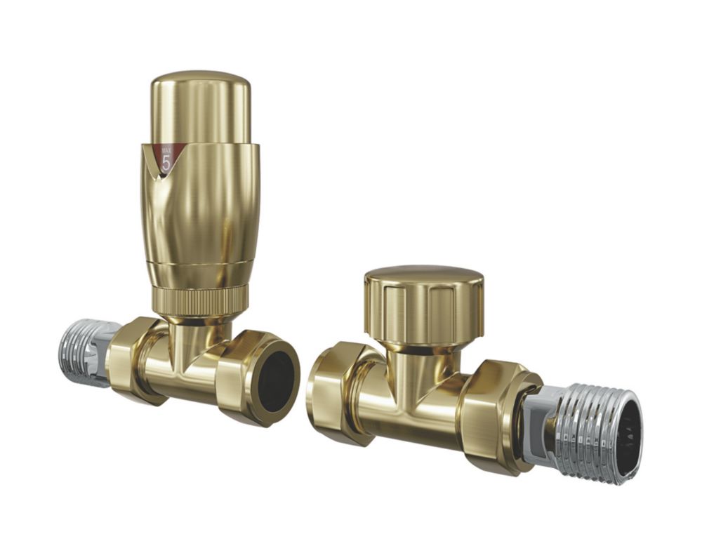 ETAL Danva 15mm x 1/2" Brushed Brass Straight Modern Thermostatic Radiator Valve & Lockshield