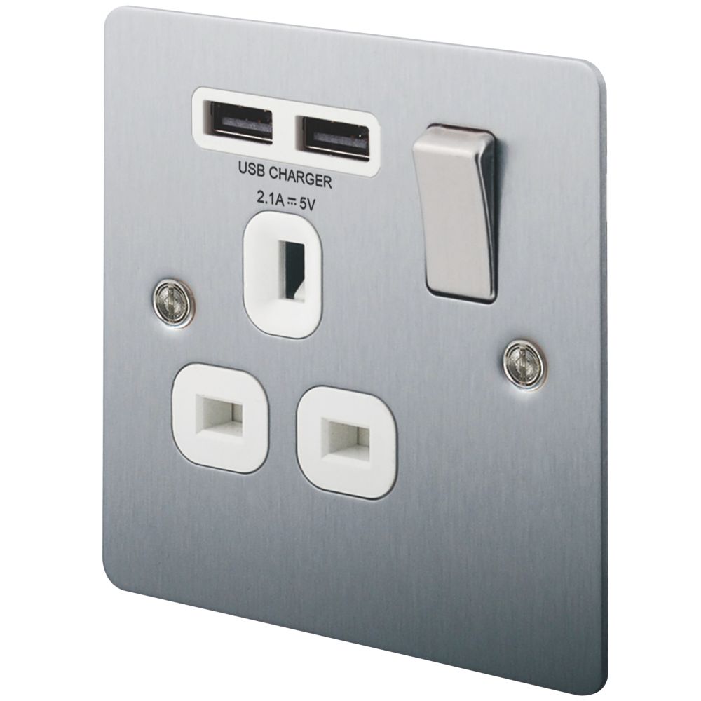 LAP 13A 1-Gang SP Switched Socket + 2.1A 10.5W 2-Outlet Type A USB Charger Brushed Stainless Steel with White Inserts