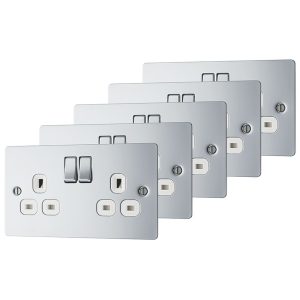LAP  13A 2-Gang DP Switched Plug Socket Polished Chrome  with White Inserts 5 Pack