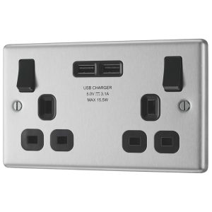 LAP  13A 2-Gang SP Switched Socket + 3.1A 15.5W 2-Outlet Type A USB Charger Brushed Stainless Steel with Black Inserts