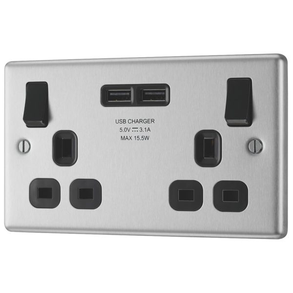 LAP  13A 2-Gang SP Switched Socket + 3.1A 15.5W 2-Outlet Type A USB Charger Brushed Stainless Steel with Black Inserts