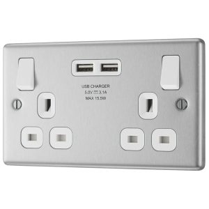 LAP  13A 2-Gang SP Switched Socket + 3.1A 15.5W 2-Outlet Type A USB Charger Brushed Stainless Steel with White Inserts