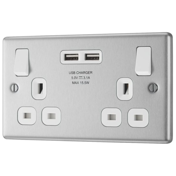 LAP  13A 2-Gang SP Switched Socket + 3.1A 15.5W 2-Outlet Type A USB Charger Brushed Stainless Steel with White Inserts