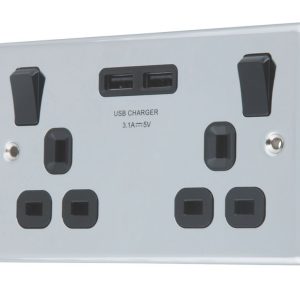 LAP  13A 2-Gang SP Switched Socket + 3.1A 15.5W 2-Outlet Type A USB Charger Polished Chrome with Black Inserts
