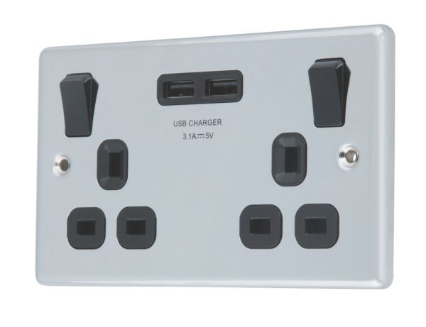 LAP  13A 2-Gang SP Switched Socket + 3.1A 15.5W 2-Outlet Type A USB Charger Polished Chrome with Black Inserts