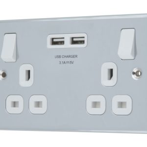 LAP  13A 2-Gang SP Switched Socket + 3.1A 15.5W 2-Outlet Type A USB Charger Polished Chrome with White Inserts