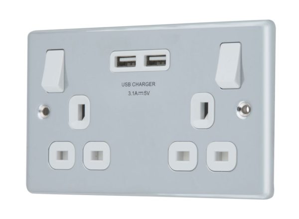 LAP  13A 2-Gang SP Switched Socket + 3.1A 15.5W 2-Outlet Type A USB Charger Polished Chrome with White Inserts