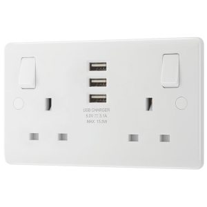 LAP  13A 2-Gang SP Switched Socket + 3.1A 15.5W 3-Outlet Type A USB Charger White