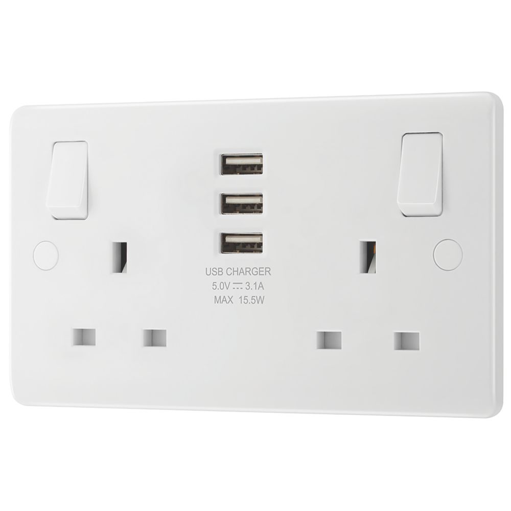 LAP 13A 2-Gang SP Switched Socket + 3.1A 15.5W 3-Outlet Type A USB Charger White
