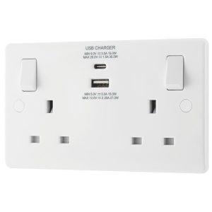 LAP  13A 2-Gang SP Switched Socket + 3A 30W 2-Outlet Type A & C USB Charger White