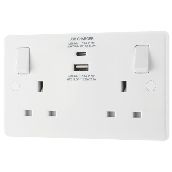LAP  13A 2-Gang SP Switched Socket + 3A 30W 2-Outlet Type A & C USB Charger White