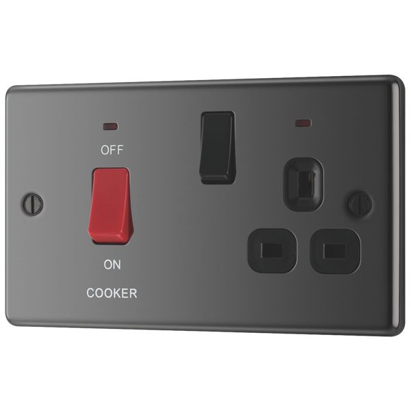 LAP  45A 2-Gang DP Cooker Switch & 13A DP Switched Socket Black Nickel with LED with Black Inserts
