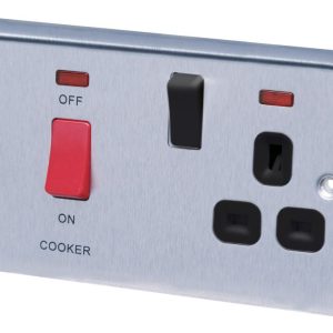 LAP  45A 2-Gang DP Cooker Switch & 13A DP Switched Socket Brushed Stainless Steel with Neon with Black Inserts