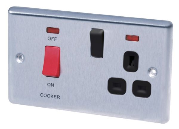 LAP  45A 2-Gang DP Cooker Switch & 13A DP Switched Socket Brushed Stainless Steel with Neon with Black Inserts