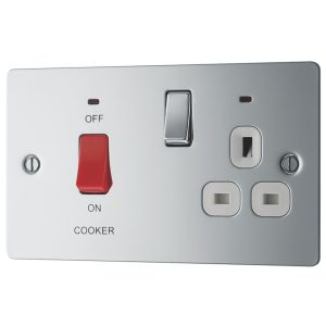 LAP  45A 2-Gang DP Cooker Switch & 13A DP Switched Socket Polished Chrome with LED with White Inserts